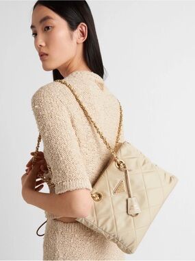 Prada Re-edition Chain Tote Quilted Re-nylon Small Desert Beige